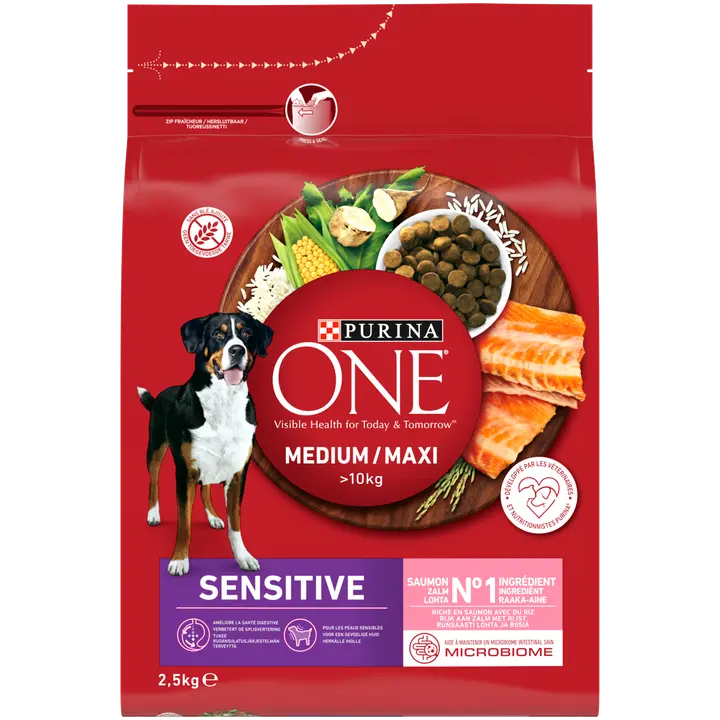 Purina ONE 2,5kg Medium/Maxi Sensitive runsaasti lohta, sisältää riisiä koiranruoka