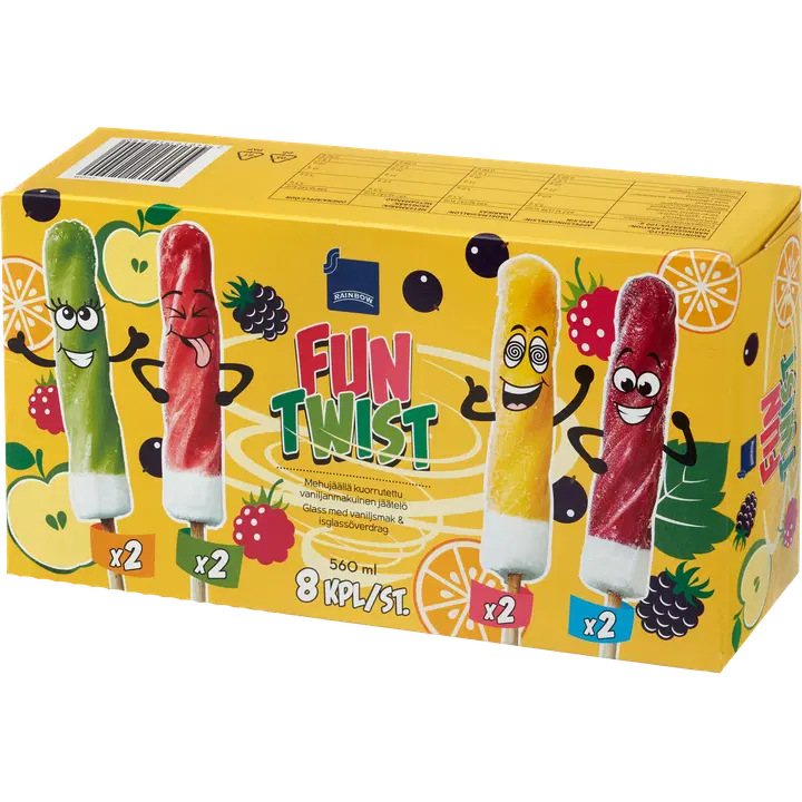 Rainbow Fun Twist mehujäällä kuorrutettu jäätelö monipakkaus 560ml 8kpl