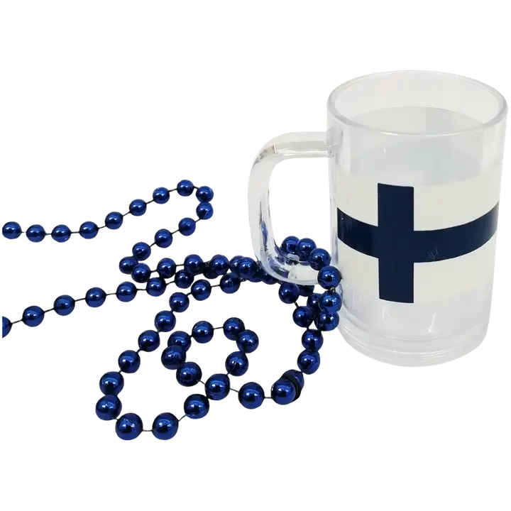 Shottilasi kaulanauhassa Suomen lippu