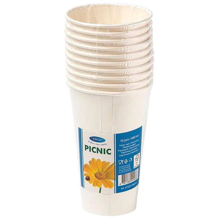 Smile kartonkimukit 480ml, jotka on valmistettu FSC-pahvista, sopii kuumille ja kylmille juomille, PE-pinnoitettu. Valkoinen.