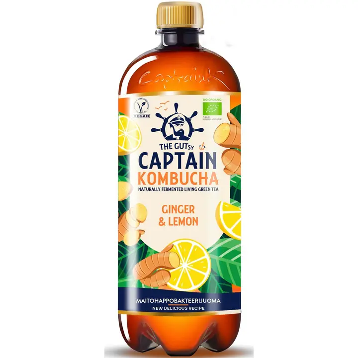 The Gutsy Captain Kombucha Ginger Lemon, inkiväärin ja sitruunan makuinen kombucha-juoma LUOMU 950ml