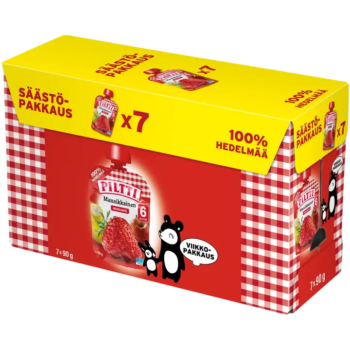 Piltti 7x90g Mansikkainen 100 % hedelmää omenaa, banaania, mansikkaa 6kk annospussi