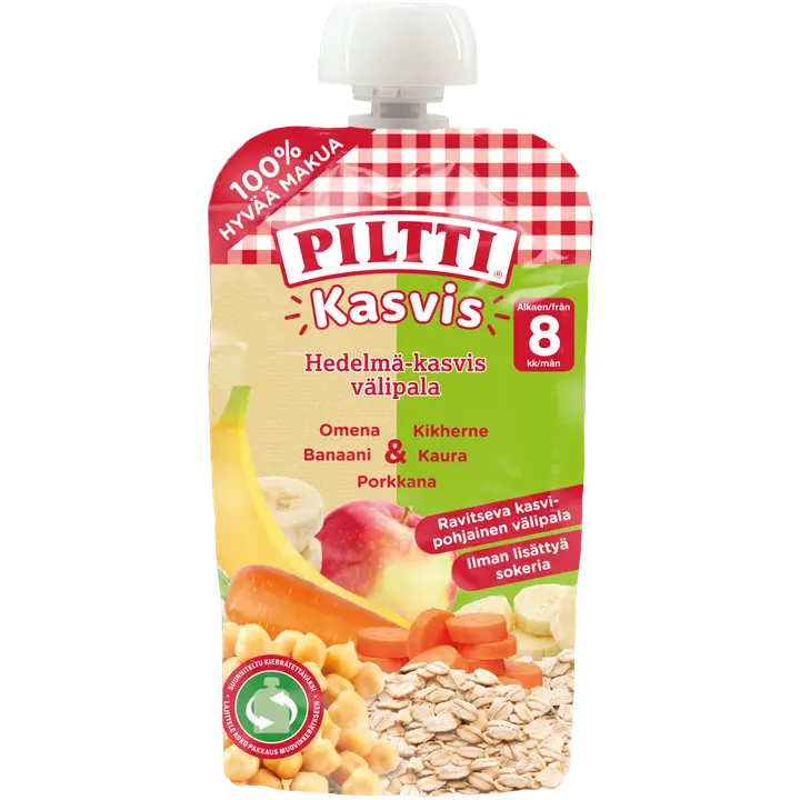 Piltti Kasvis 110g Hedelmä-kasvis välipala omena-banaani-porkkana-kikherne-kaura Luomu
