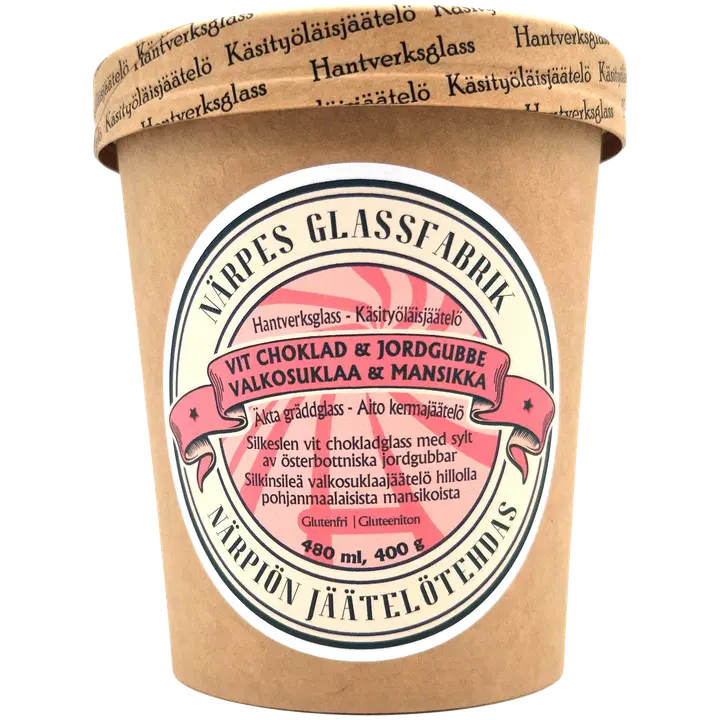 Närpiön Jäätelötehdas Valkosuklaakermajäätelö mansikkahillolla 480 ml 400 g