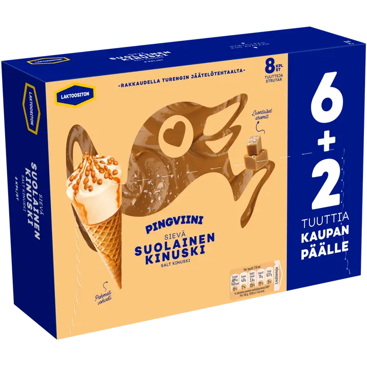 Pingviini Suolainen Kinuski Laktoositon jäätelötuutti monipakkaus 8x67g