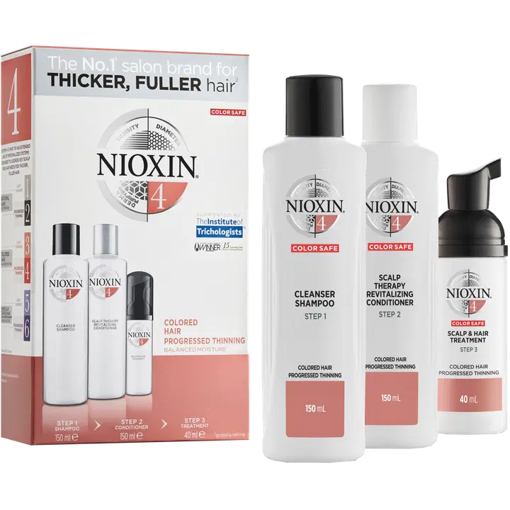 NIOXIN 4 Trial Kit hoitopakkaus värjätyille, selvästi ohentuneille hiuksille