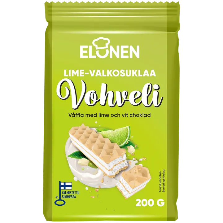 Elonen lime-valkosuklaavohveli 200g kuorruttamaton vohveli lime ja valkosuklaa makuisella täytteellä