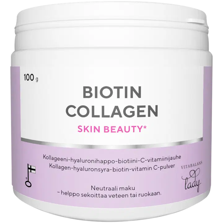 Biotin Collagen 100 g., kotimainen kollageeni-hyaluronihappo-biotiini-C-vitamiini jauhe, Vitabalans