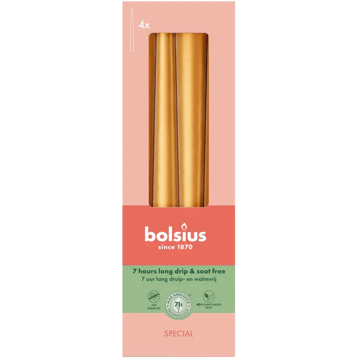 Bolsius - Special Essentials - kruunukynttilä - 24,5cm - metallinkultainen - 4 kpl/pakkaus