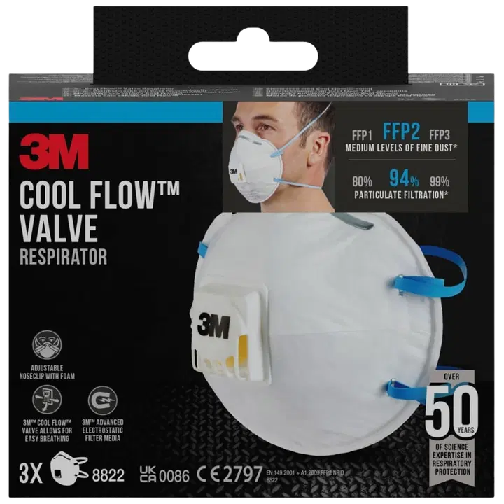 3M™ Cool Flow™ hiukkassuojain 8822, FFP2, venttiili, 3 kpl/pakkaus