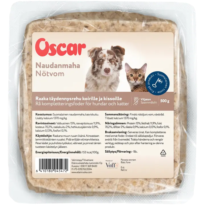 Oscar Naudanmaha raakapakastettu täydennysravinto koirille ja kissoille 500 g