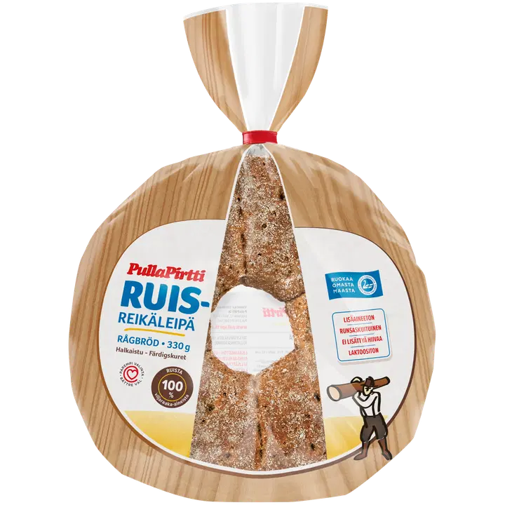Pulla-Pirtti Ruisreikäleipä 330g hiivaton laktoositon runsaskuituinen lisäaineeton halkaistu täysjyväruisreikäleipä