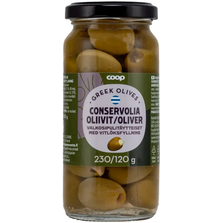Coop vihreät oliivit valkosipulitäytteellä 240/120 g