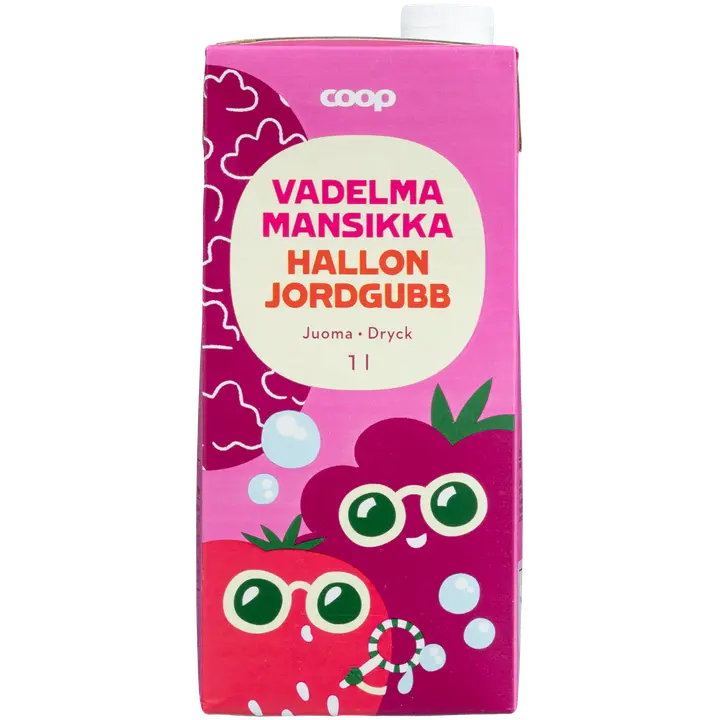 Coop vadelma-mansikkajuoma 1l