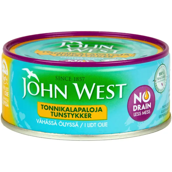 John West NoDrain Meheviä tonnikalapaloja valmiiksi valutettuina vähässä auringonkukkaöljyssä 120g