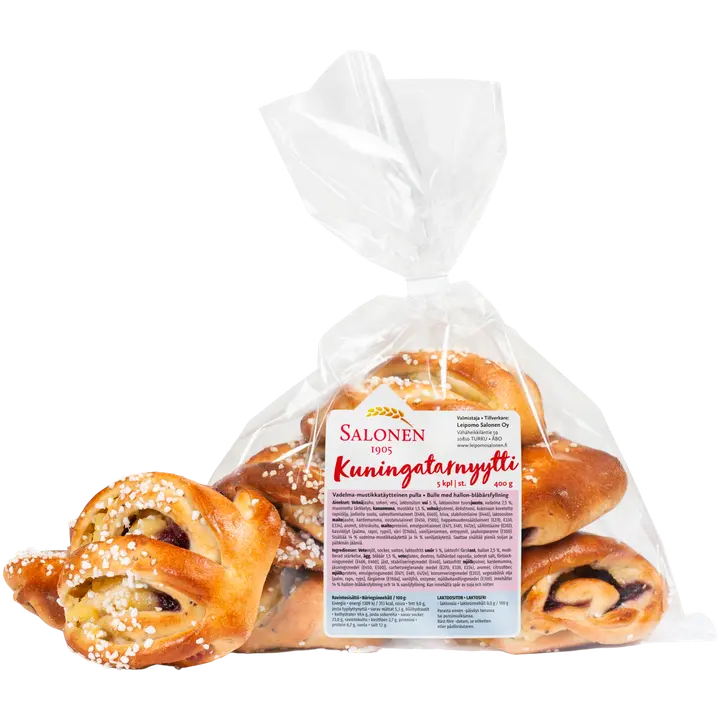 Leipomo Salonen Kuningatarnyytti 5/400 g vadelma-mustikkatäytteinen pulla