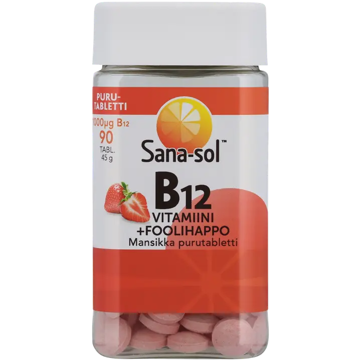 Sana-sol B12-vitamiini 1000µg+foolihappo Mansikka purutabletti ravintolisä 90tabl/45g