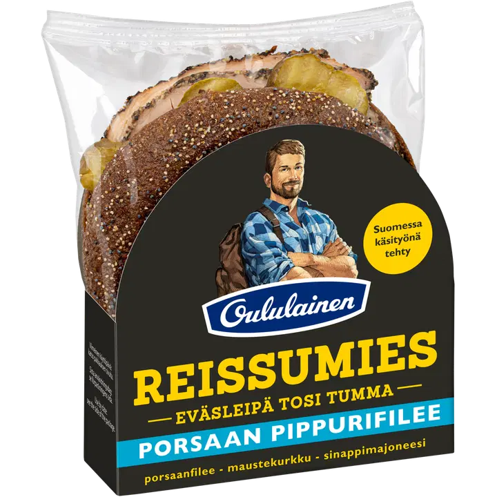 Oululainen Reissumies Eväsleipä Tosi Tumma Porsaan pippurifilee 150g porsaanfilee, maustekurkku, sinappimajoneesi täytetty täysjyväruisleipä