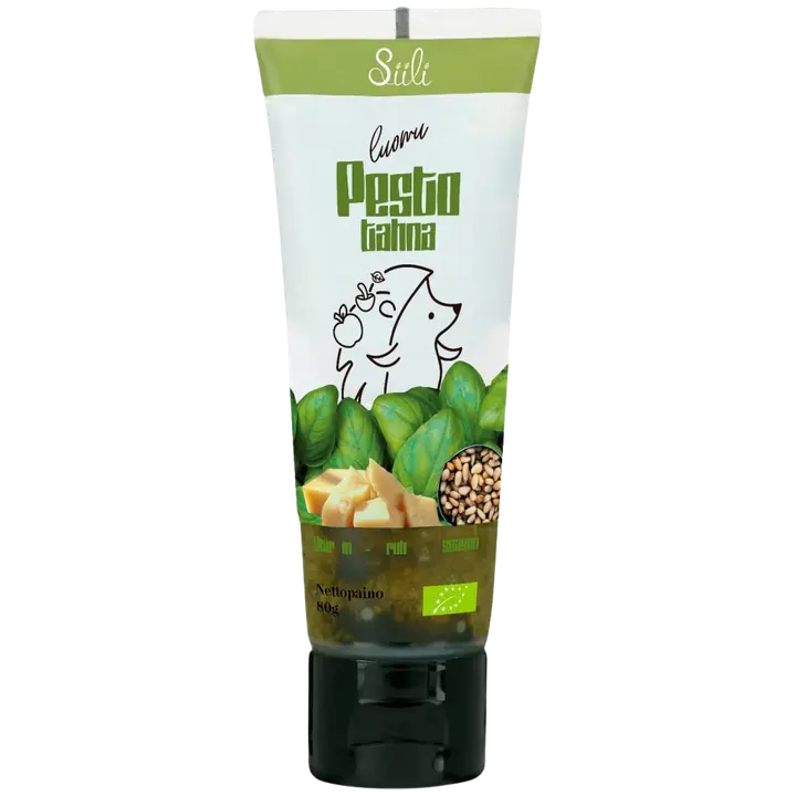 Siili Luomu Pestotahna 80 g 
Hienonnettu pesto, johon sekoitettu öljyä sekä Välimeren sitruunamehua.