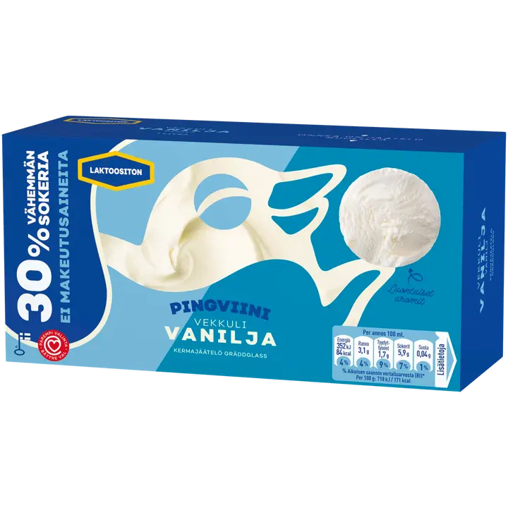 Pingviini Vanilja Vähemmän sokeria Laktoositon kermajäätelö kotipakkaus 490g/1L
