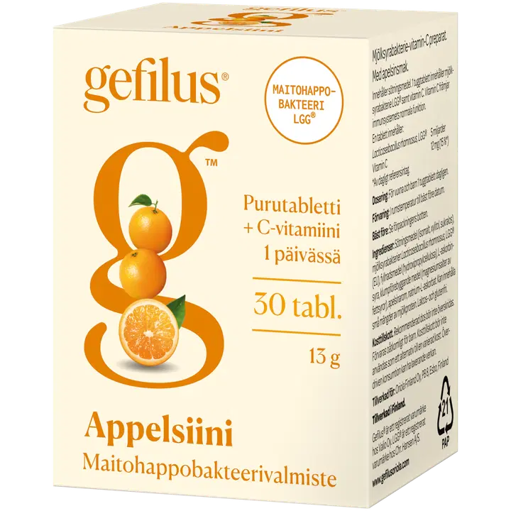 Gefilus Maitohappobakteeri-C-vitamiinivalmiste. Appelsiininmakuinen.