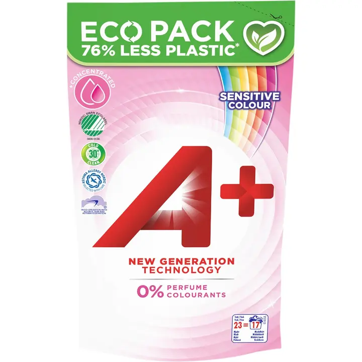 A+ 920ml Sensitive Color täyttöpakkaus pyykinpesuneste