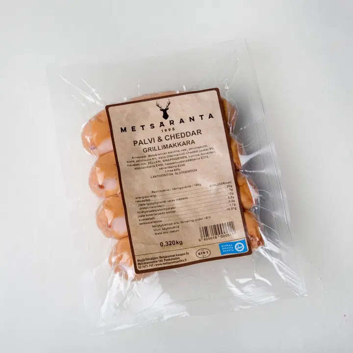 Metsäranta Palvi & Cheddar 320g grillimakkara, palvia ja Valio Cheddar-juustoa