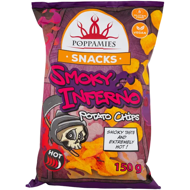 Poppamies Snacks Smoky Inferno Potato Chips habanerochilin makuiset perunalastut 150g