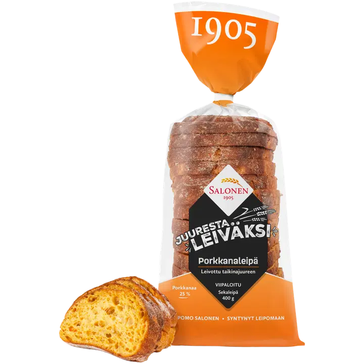 Leipomo Salonen Juuresta leiväksi Porkkanaleipä viipaloitu 400 g porkkanalla maustettu sekaleipä, viipaloitu