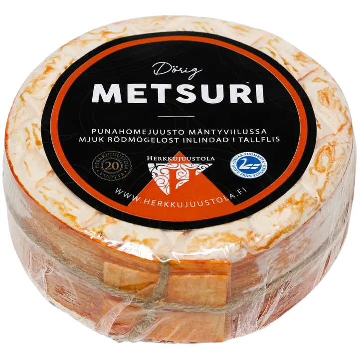 Herkkujuustola Metsuri pehmeä, pinnalta kypsytetty punahomejuusto mäntyviilussa pala noin 300g