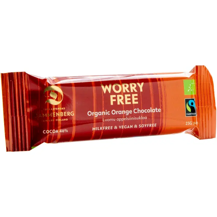 Dammenberg luomu reilunk appelsiini suklaapatukka, maidoton, vegaani, soijaton 46 % 23g