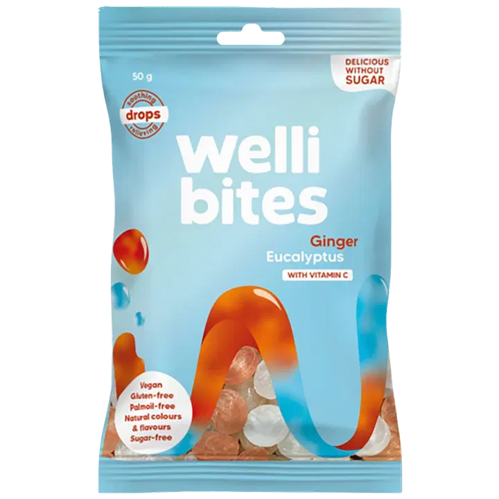 Wellibites - Inkivääri & Eukalyptus Drops 50g