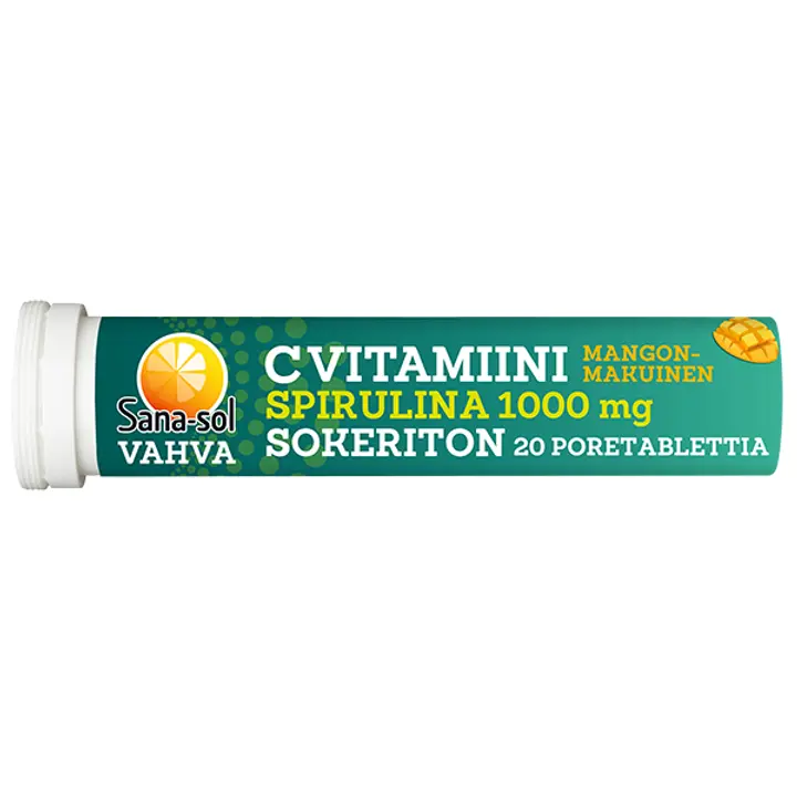 Sana-sol C-vitamiini spirulina 1000mg sokeriton mangonmakuinen C-vitamiiniporetabletti 20 poretablettia