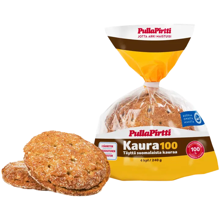 Pulla-Pirtti Kaura100 4/240g halkaistu laktoositon runsaskuituinen lisäaineeton kaurapalaleipä