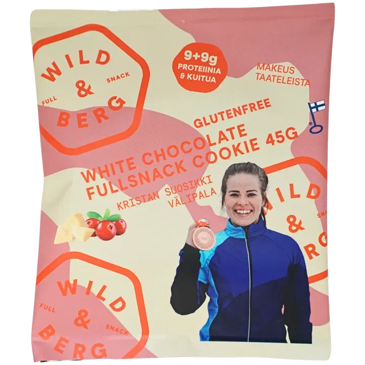 Wild&Berg Valkosuklaa proteiinirikas täysvälipalakeksi gluteeniton 45 g
