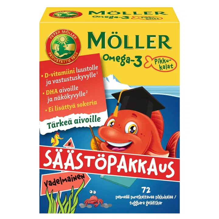 Möller Pikkukalat Omega-3-rasvahappo-D-vitamiinivalmiste Pehmeä Pureskeltava Säästöpakkaus Vadelmainen 72kpl/86g