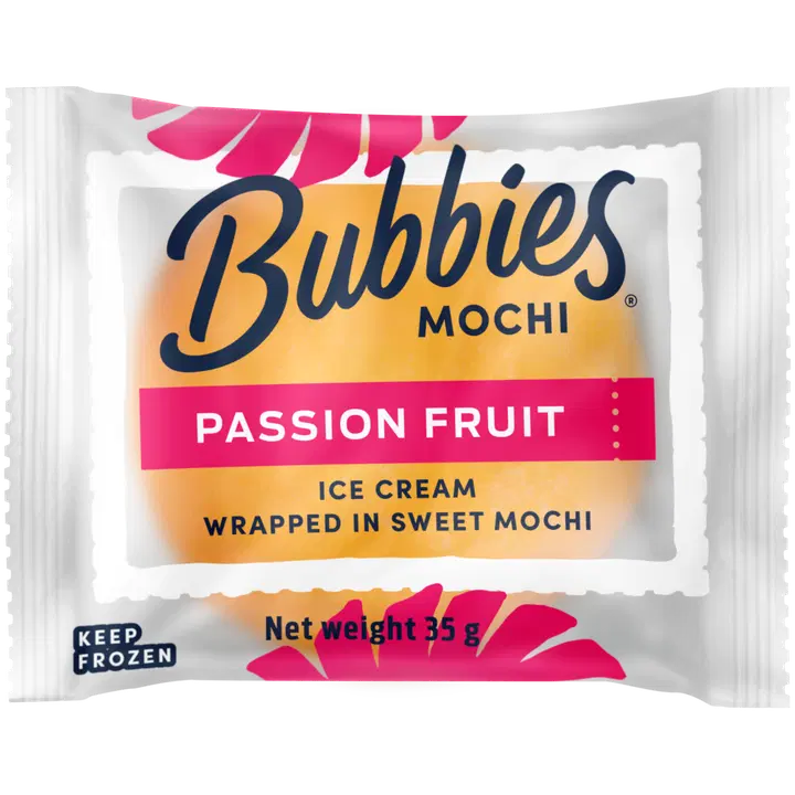 Bubbies Passionhedelmämochi. Passionhedelmäjäätelöä makeassa riisitaikinassa 35g
