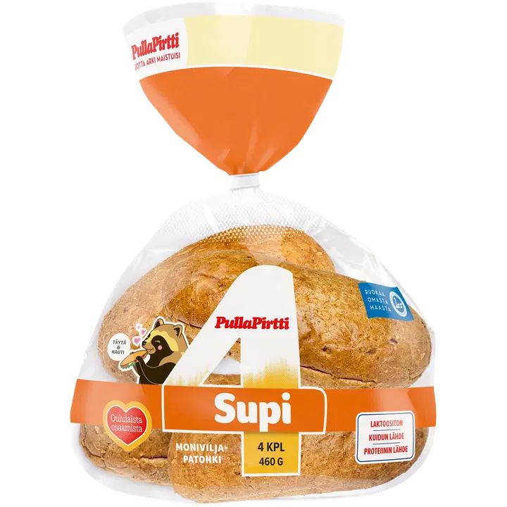 Pulla-Pirtti Supipatonki 4/460g halkaistu laktoositon kuidun lähde moniviljapatonki