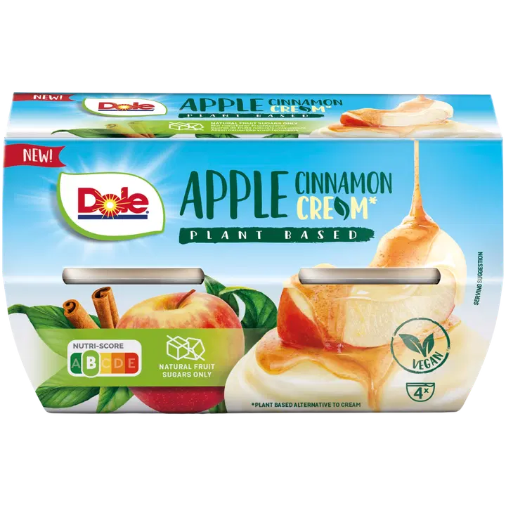 Dole Omenaa ja kanelia sisältävä kasvipohjainen kreemi hedelmävälipala makeutusaineella 4x123g