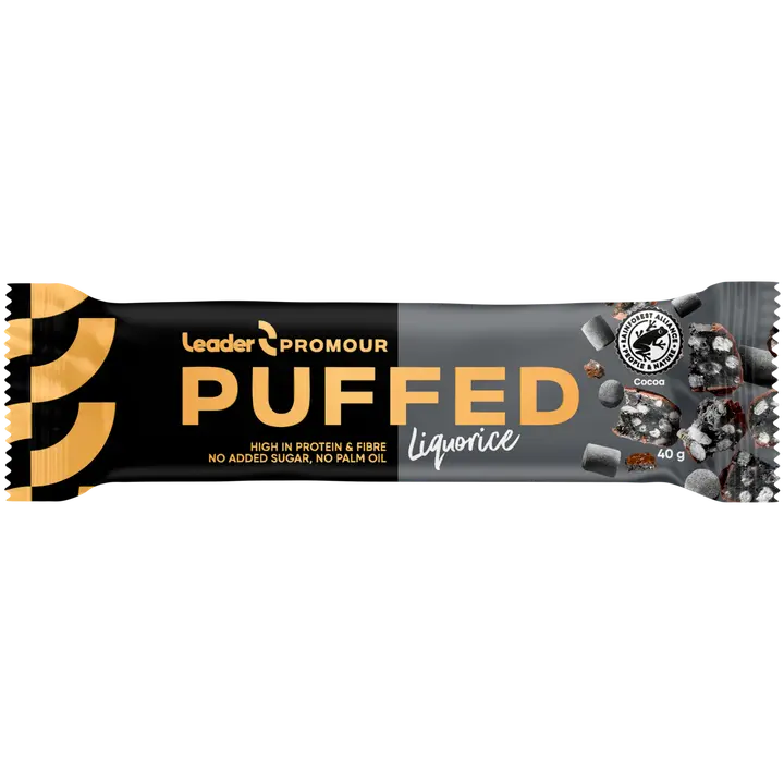 Leader Promour Puffed Liquorice riisisuklaaproteiinipatukka 40 g