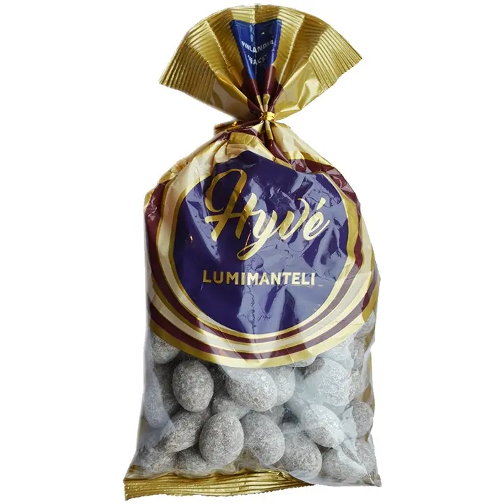 Finlandia Snacks Hyvé Lumimanteli 225g suklaakuorrutettuja maneleita, joissa tomusokeripinta