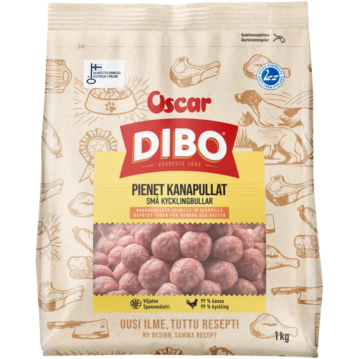 DIBO Pienet kanapullat 1 kg raakapakastettu täydennysravinto koirille ja kissoille