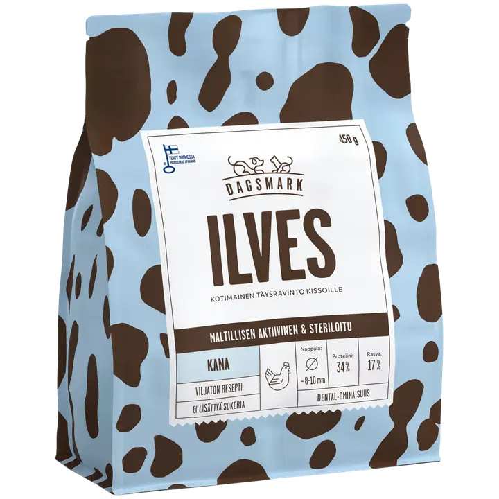 Dagsmark ILVES kana, viljaton täysravinto kissan kuivaruoka steriloiduille kissoille 450 g