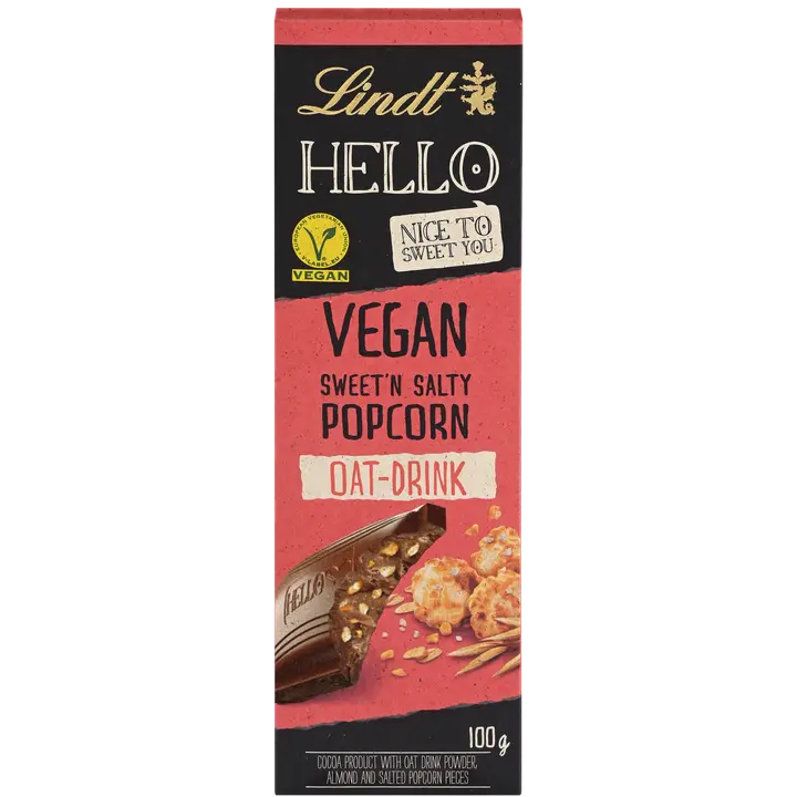 Lindt HELLO Vegan Sweet Salty Popcorn kaakaotuote, vegaaninen suklaalevy 100g