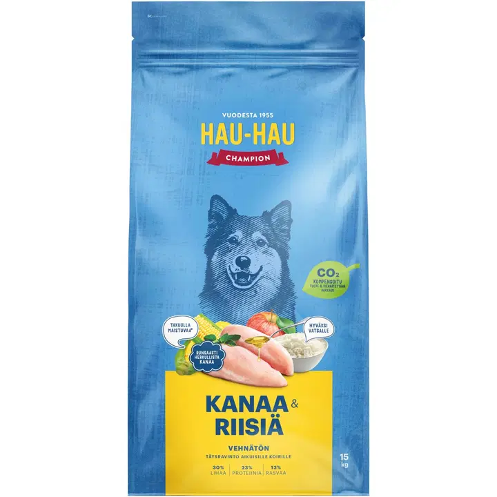 Hau-Hau Champion Kanaa ja riisiä täysravinto aikuisille koirille 15 kg