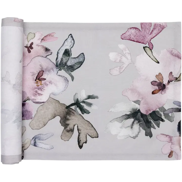 Pentik Hetki akryylipinnoitettu kaitaliina 45x160 cm kukka harmaa