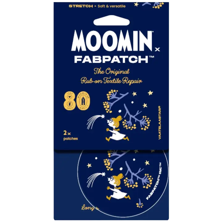 FabPatch vaatelaastari Muumit Tähdenlento 2 kpl, hankaamalla kiinnittyvä tekstiilien korjauspaikka