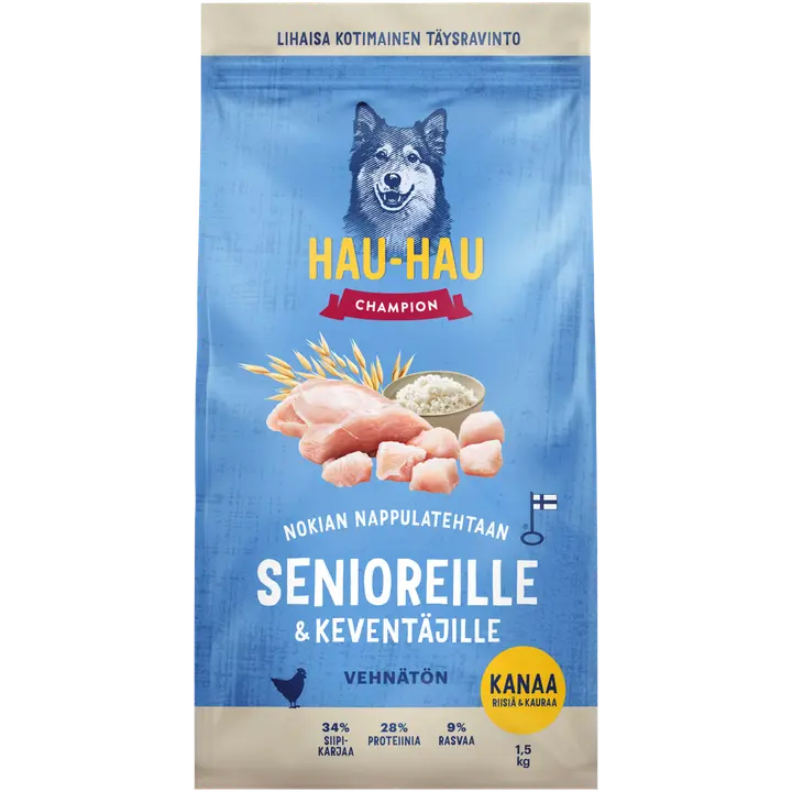 Hau-Hau Champion Nokian Nappulatehtaan Kanaa, riisiä & kauraa täysravinto senioreille ja keventäville 1,5 kg