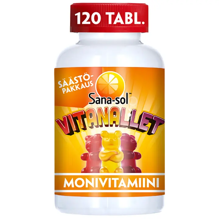 Sana-sol Vitanallet monivitamiini vadelman-, appelsiinin- ja mustikanmakuinen 120kpl/240g