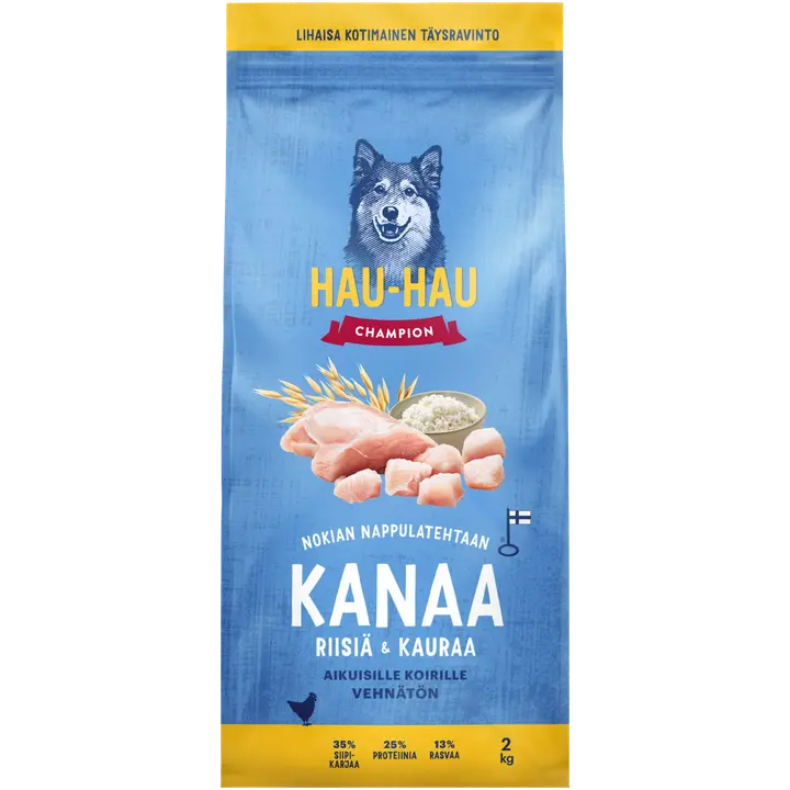 Hau-Hau Champion Nokian Nappulatehtaan Kanaa, riisiä & kauraa täysravinto aikuisille koirille 2 kg